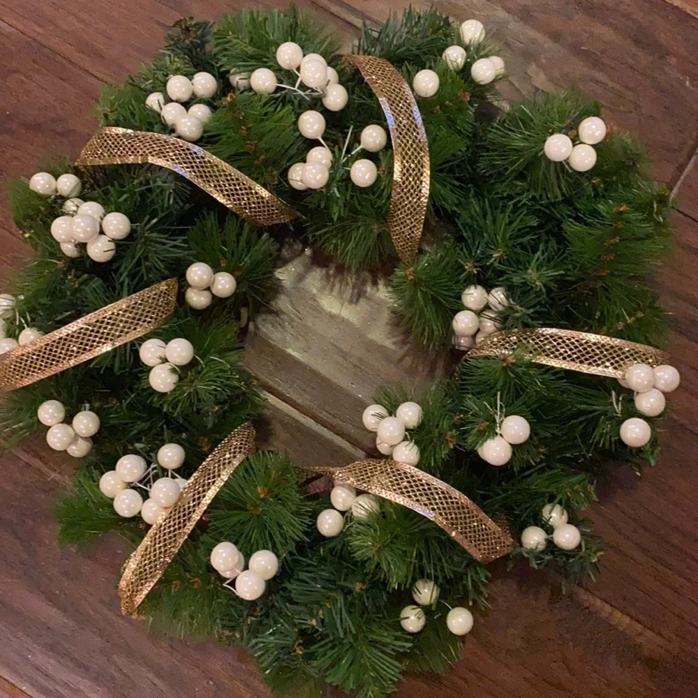 Green Holiday Wreath 15” across 10” wreath base includes gold ribbon pearl balls